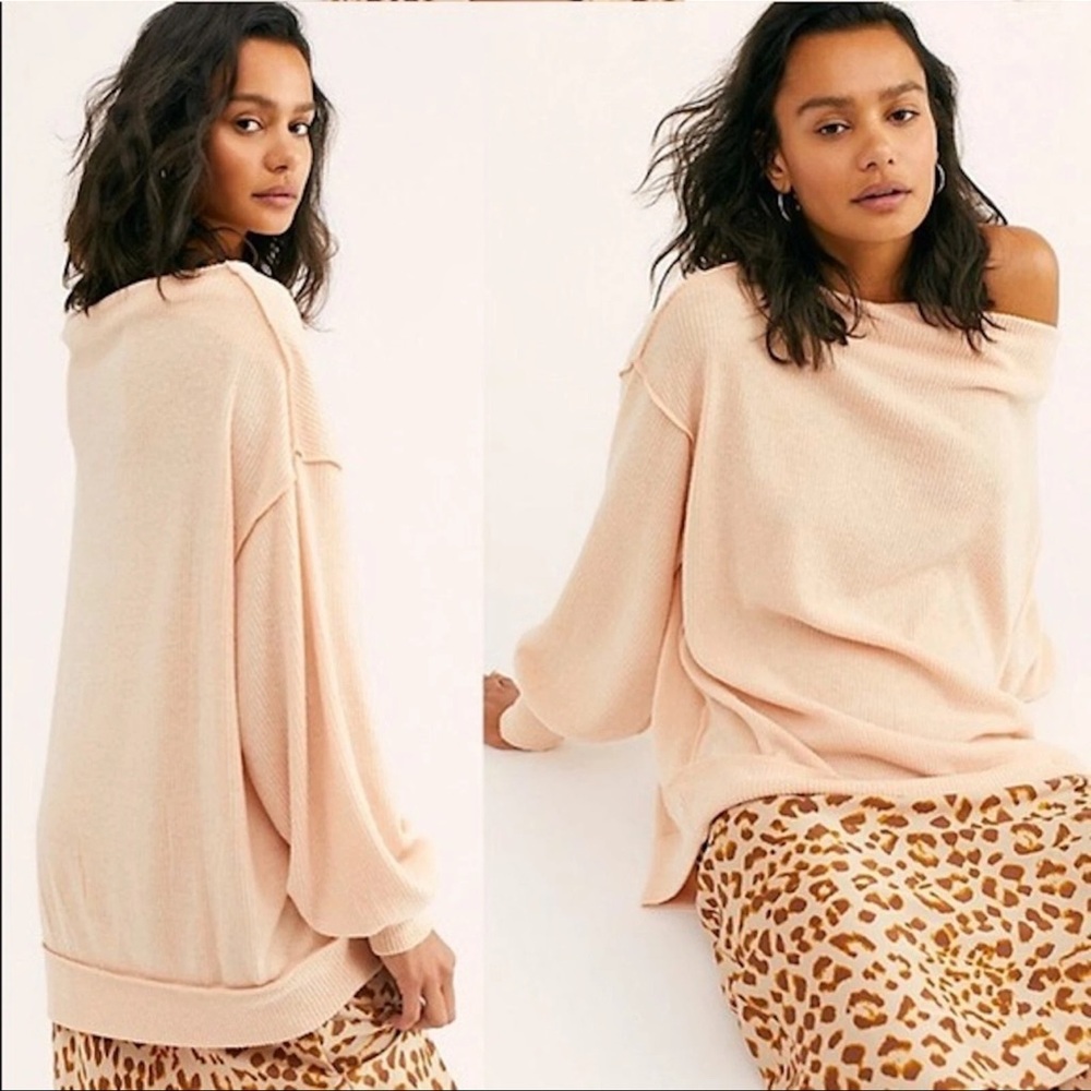 FREE PEOPLE Main Squeeze Brushed Hacci Top Soft Ribbed Knit Nectar Peach